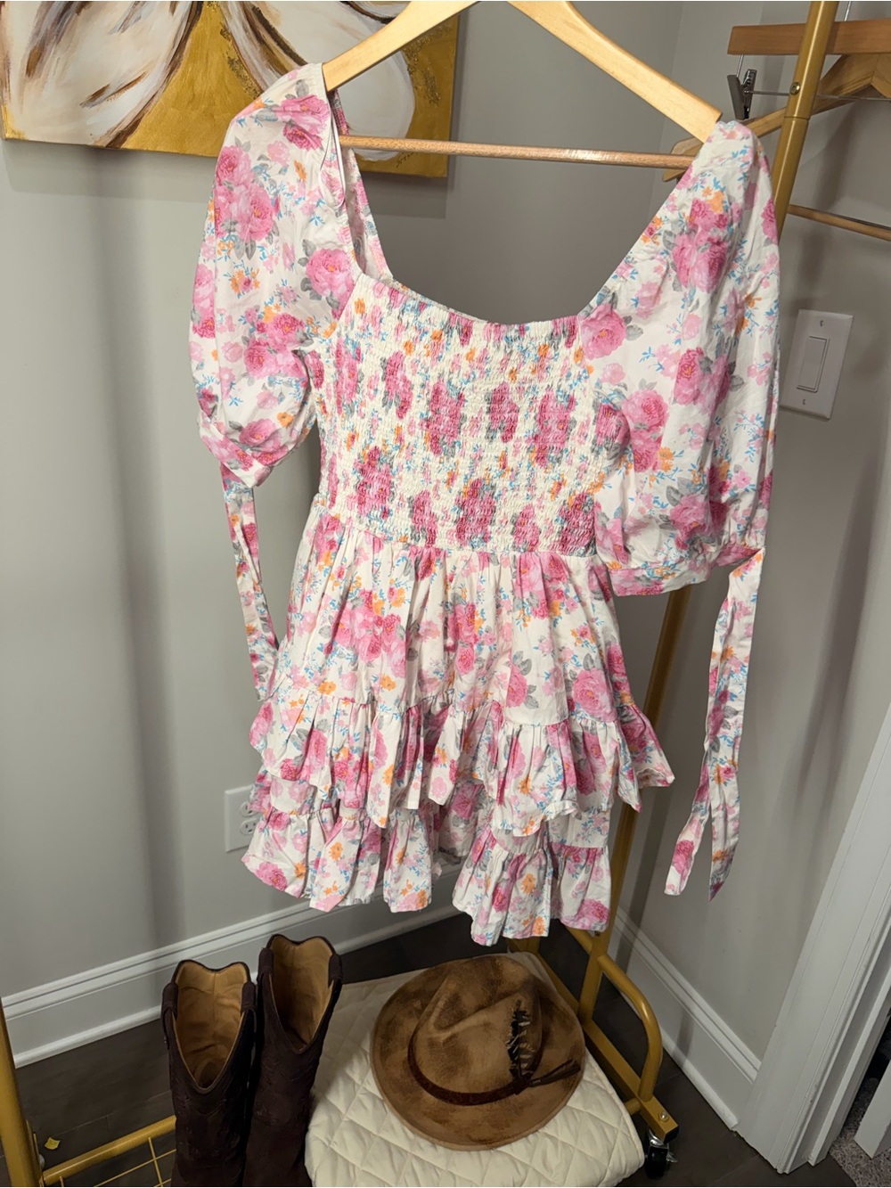 fab'rik Pink and White Floral Smocked Puff-Sleeve Crop Top